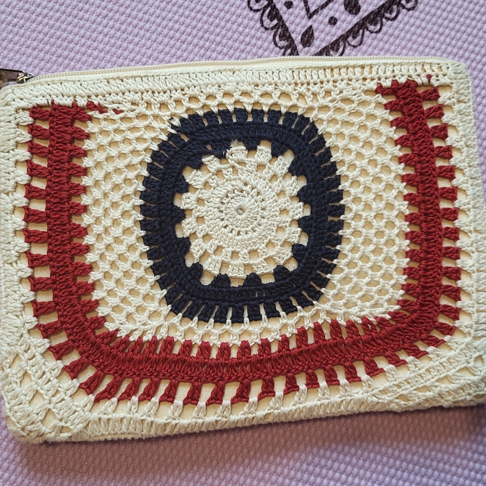 Handcrafted Crochet Clutch - Cream, Red, and Black